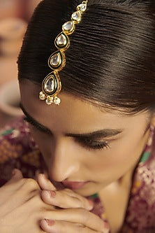Gold Finish Kundan Polki & Pearl Meenakari Maang Tikka In Sterling Silver