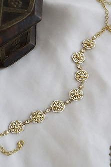 Gold Finish Kundan Polki & Pearl Floral Mathapatti In Sterling Silver