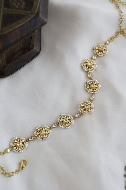 Gold Finish Kundan Polki & Pearl Floral Mathapatti In Sterling Silver