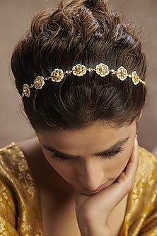 Gold Finish Kundan Polki & Pearl Floral Mathapatti In Sterling Silver