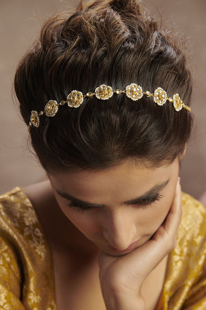 Gold Finish Kundan Polki & Pearl Floral Mathapatti In Sterling Silver