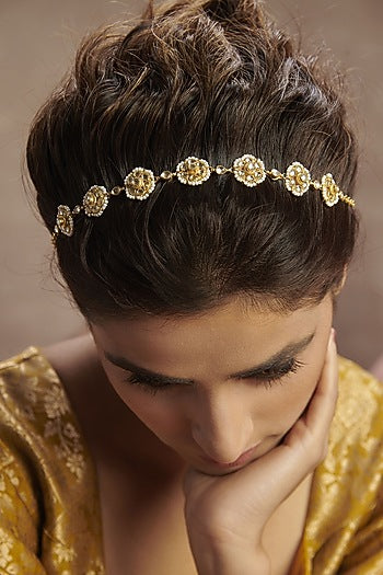 Gold Finish Kundan Polki & Pearl Floral Mathapatti In Sterling Silver