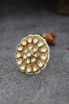 Gold Finish Kundan Polki Floral Ring In Sterling Silver