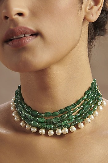 Gold Finish Jade Green Stone Choker Necklace