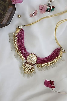 Gold Finish Pink Stone Choker Necklace