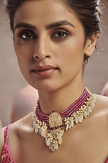 Gold Finish Pink Stone Choker Necklace