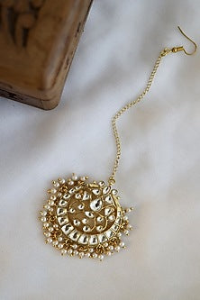 Gold Finish Kundan Polki & Pearl Maang Tikka