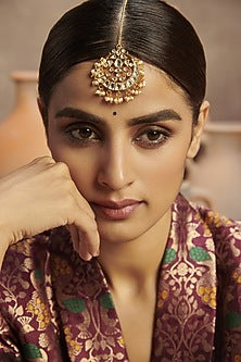 Gold Finish Kundan Polki & Pearl Maang Tikka