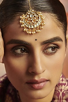 Gold Finish Kundan Polki & Pearl Maang Tikka