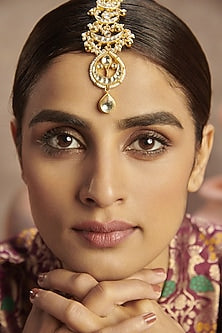 Gold Finish Kundan Polki & Pearl Maang Tikka