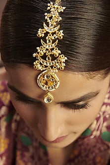 Gold Finish Kundan Polki & Pearl Maang Tikka