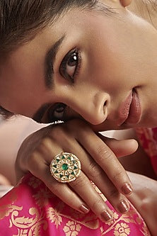 Gold Finish Kundan Polki Adjustable Ring