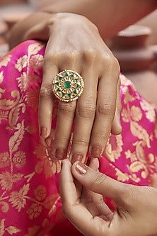 Gold Finish Kundan Polki Adjustable Ring