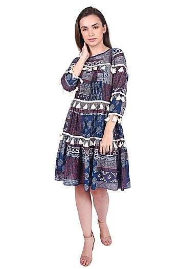 Navy Blue Printed Dress With Fringes