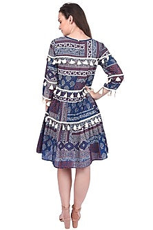 Navy Blue Printed Dress With Fringes