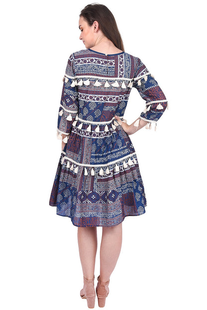 Navy Blue Printed Dress With Fringes