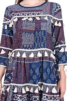 Navy Blue Printed Dress With Fringes