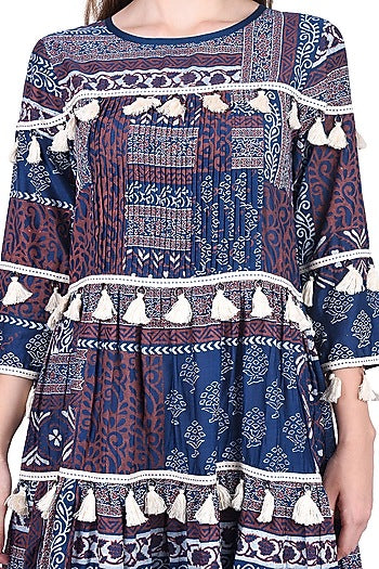 Navy Blue Printed Dress With Fringes