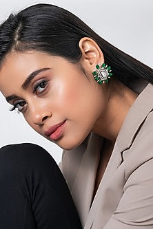 White Rhodium Finish Kundan Polki Stud Earrings