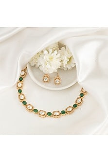 Gold Plated Green Kundan Polki Handcrafted Necklace Set