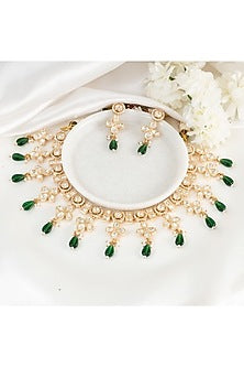 Gold Plated Green Kundan Polki Handcrafted Necklace Set