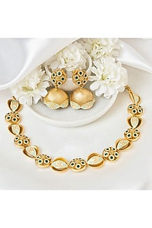 Gold Plated Kundan Polki & Emerald Stone Handcrafted Meenakari Floral Necklace Set