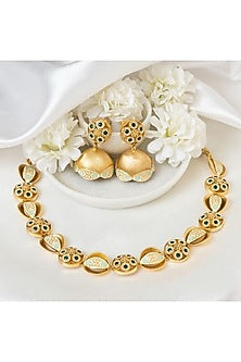 Gold Plated Kundan Polki & Emerald Stone Handcrafted Meenakari Floral Necklace Set