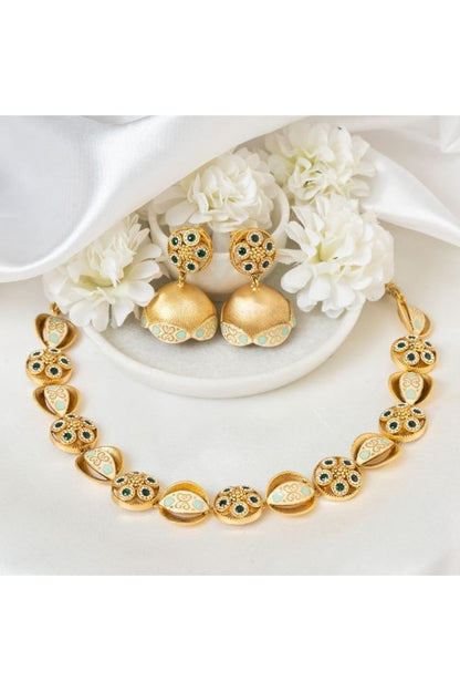 Gold Plated Kundan Polki & Emerald Stone Handcrafted Meenakari Floral Necklace Set