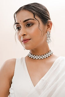 White Rhodium Finish Kundan Polki Handcrafted Necklace Set