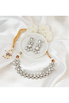 White Rhodium Finish Kundan Polki Handcrafted Necklace Set