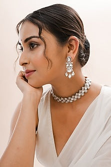 White Rhodium Finish Kundan Polki Handcrafted Necklace Set