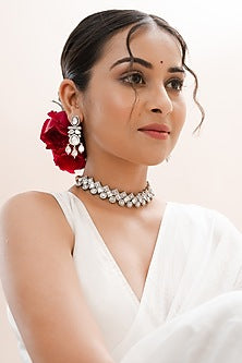 White Rhodium Finish Kundan Polki Handcrafted Necklace Set