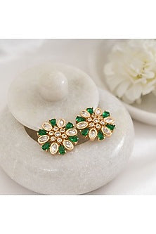 Gold Plated Green Kundan Polki Stud Earrings