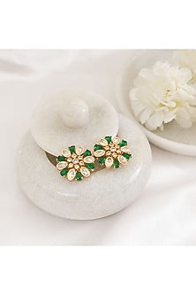 Gold Plated Green Kundan Polki Stud Earrings