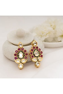 Gold Plated Red Kundan Polki Stud Earrings