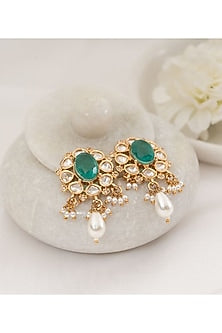 Gold Plated Green Kundan Polki Stud Earrings