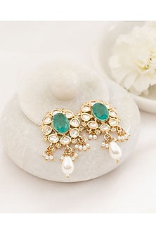 Gold Plated Green Kundan Polki Stud Earrings