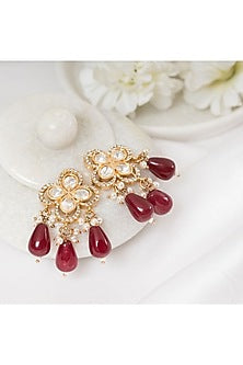 Gold Plated Red Kundan Polki Stud Earrings