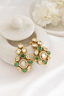 Gold Plated Green Kundan Polki Stud Earrings