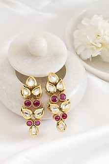 Gold Plated Red Kundan Polki Dangler Earrings