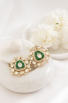 Gold Plated Green Kundan Polki Stud Earrings