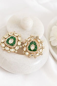 Gold Plated Green Kundan Polki Stud Earrings