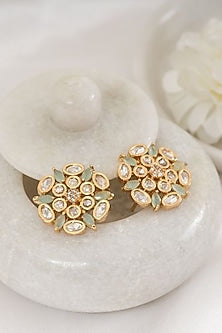Gold Plated Mint Green Kundan Polki Stud Earrings
