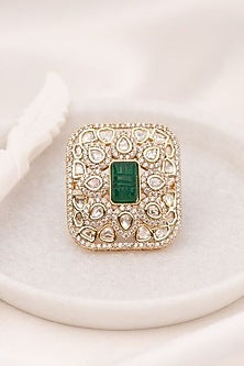 Gold Plated Green Kundan Polki Handcrafted Adjustable Ring