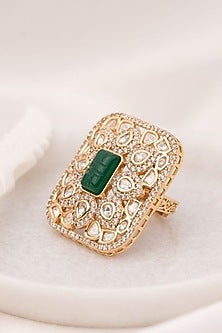 Gold Plated Green Kundan Polki Handcrafted Adjustable Ring