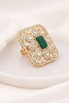Gold Plated Green Kundan Polki Handcrafted Adjustable Ring