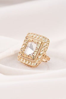 Gold Plated Square Kundan Polki Handcrafted Adjustable Ring