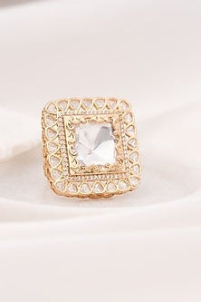 Gold Plated Square Kundan Polki Handcrafted Adjustable Ring