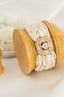 Gold Plated Kundan Polki & Pink Mother Of Pearl Adjustable Bracelet