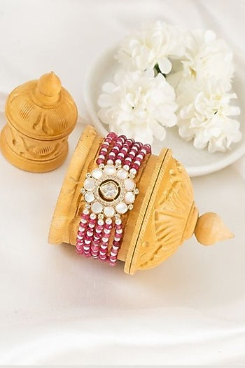 Gold Plated Kundan Polki Motif & Red Pearl Adjustable Bracelet